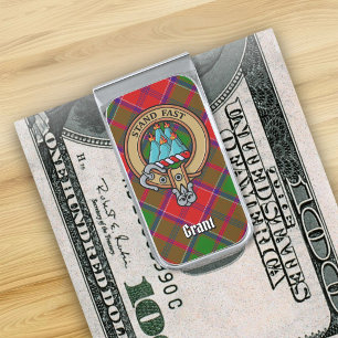 Clan Grant Crest over Tartan Silver Finish Money Clip