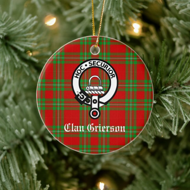 Clan Grierson Crest Badge & Tartan Ceramic Ornament (Tree)