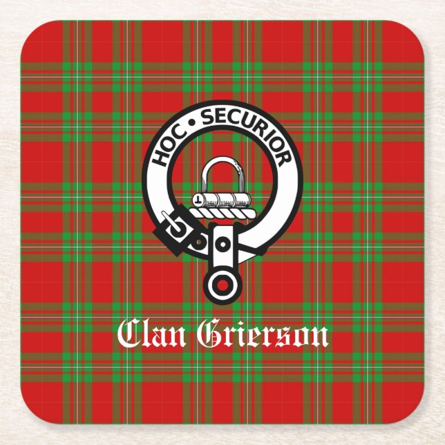 Clan Grierson Crest Badge & Tartan Square Paper Coaster (Front)