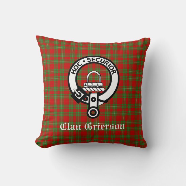Clan Grierson Crest Badge & Tartan Throw Pillow (Front)