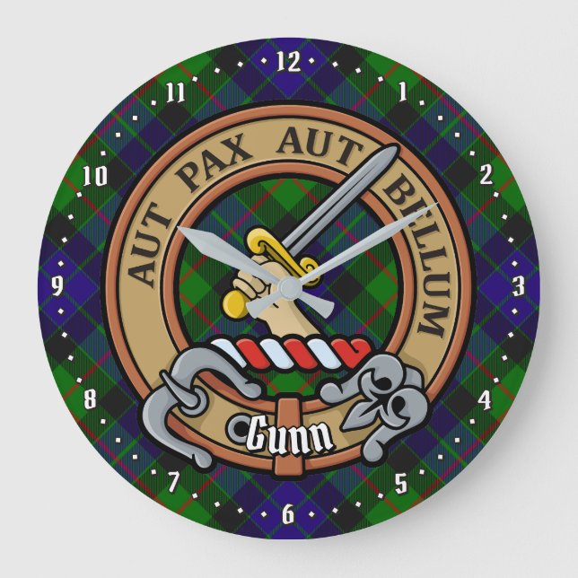 Clan Gunn Crest over Tartan Large Clock (Front)