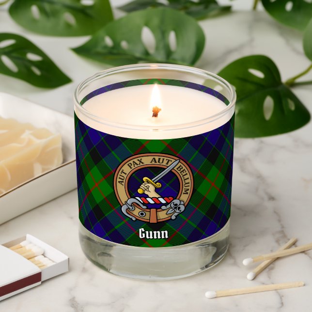 Clan Gunn Crest over Tartan Scented Candle (Lit)