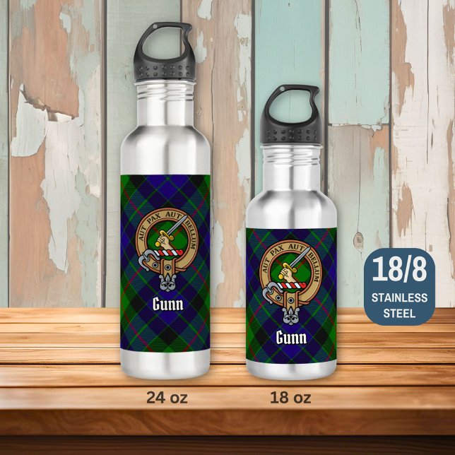 Clan Gunn Crest over Tartan Stainless Steel Water Bottle (Creator Uploaded)