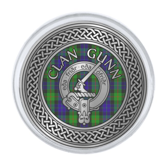 Clan Gunn Crest & Tartan Knot Silver Finish Lapel Pin (Front)