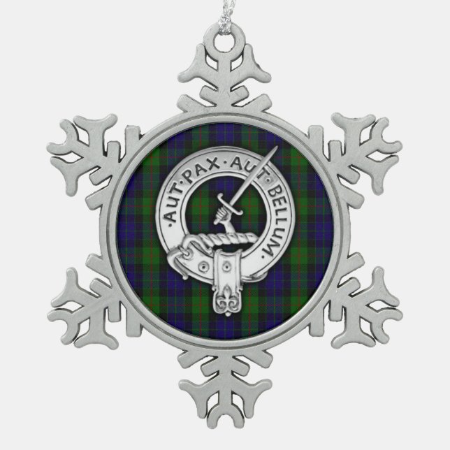 Clan Gunn Crest & Tartan Snowflake Pewter Christmas Ornament (Front)