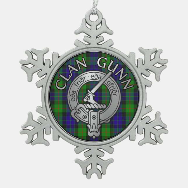 Clan Gunn Crest & Tartan Snowflake Pewter Christmas Ornament (Front)