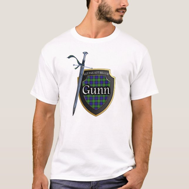 Clan Gunn Tartan Scottish Shield & Sword T-Shirt (Front)