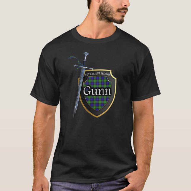 Clan Gunn Tartan Scottish Shield & Sword T-Shirt (Front)