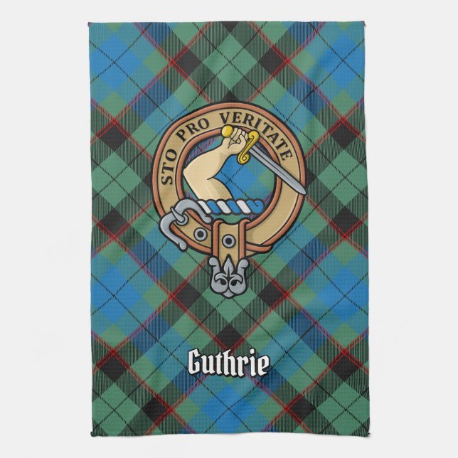 Clan Guthrie Crest over Tartan Kitchen Towel (Vertical)