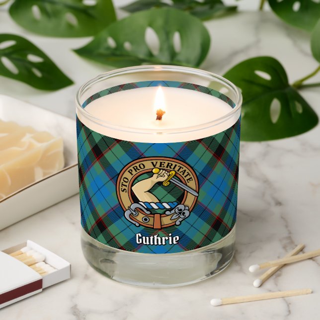Clan Guthrie Crest over Tartan Scented Candle (Lit)