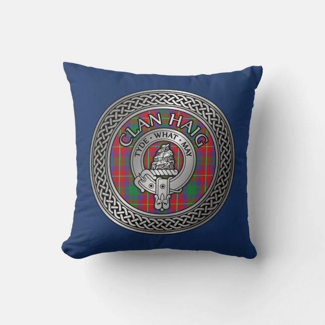 Clan Haig Crest & Tartan Knot Throw Pillow (Front)