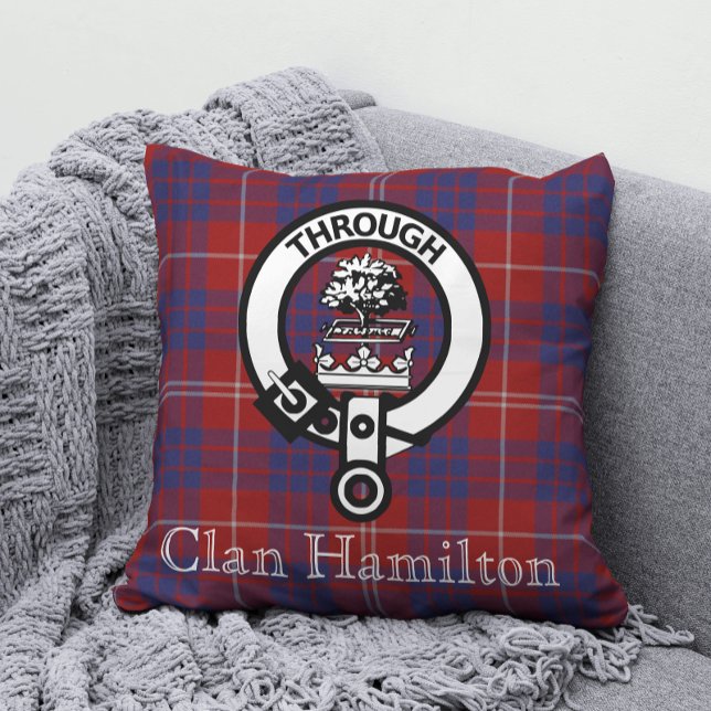 Clan Hamilton Crest and Tartan Throw Pillow (Creator Uploaded)