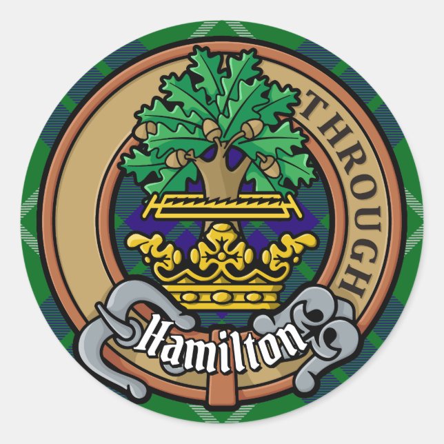 Clan Hamilton Crest over Hunting Tartan Classic Round Sticker (Front)