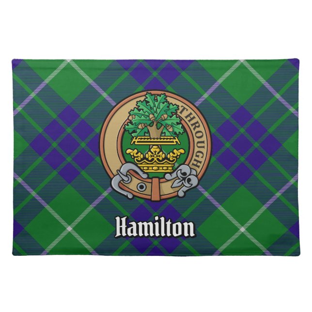 Clan Hamilton Crest over Hunting Tartan Cloth Placemat (Front)