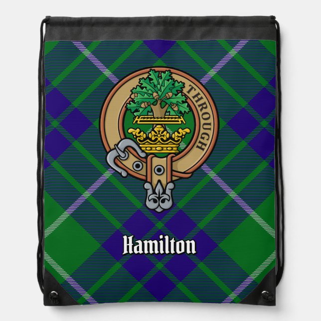 Clan Hamilton Crest over Hunting Tartan Drawstring Bag (Front)