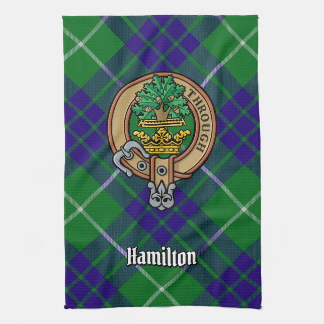 Clan Hamilton Crest over Hunting Tartan Kitchen Towel (Vertical)