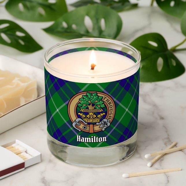 Clan Hamilton Crest over Hunting Tartan Scented Candle (Lit)