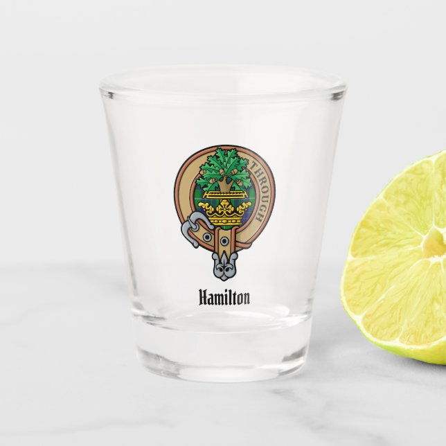 Clan Hamilton Crest over Hunting Tartan Shot Glass (Front)