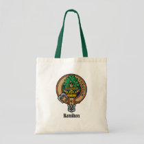 Clan Hamilton Crest over Hunting Tartan Tote Bag