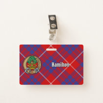 Clan Hamilton Crest over Red Tartan Badge