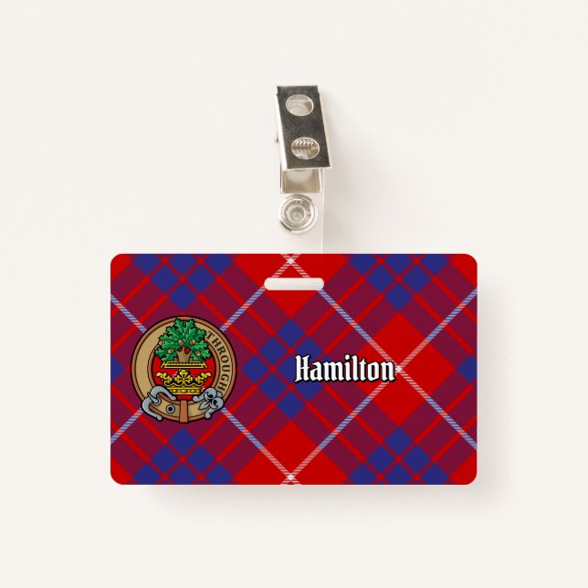 Clan Hamilton Crest over Red Tartan Badge (Front with Clip)