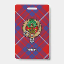 Clan Hamilton Crest over Red Tartan Badge