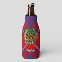 Clan Hamilton Crest over Red Tartan Bottle Cooler
