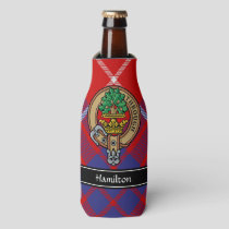 Clan Hamilton Crest over Red Tartan Bottle Cooler
