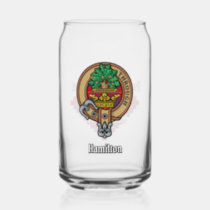 Clan Hamilton Crest over Red Tartan Can Glass