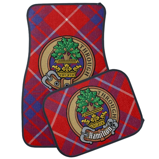 Clan Hamilton Crest over Red Tartan Car Floor Mat (Set)