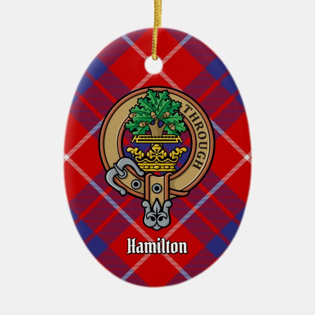 Clan Hamilton Crest over Red Tartan Ceramic Ornament (Front)