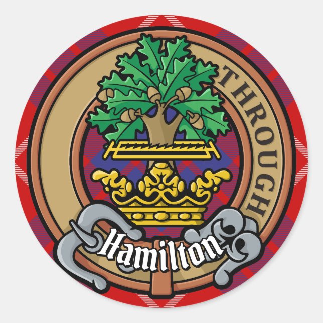 Clan Hamilton Crest over Red Tartan Classic Round Sticker (Front)