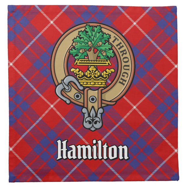 Clan Hamilton Crest over Red Tartan Cloth Napkin (Front)