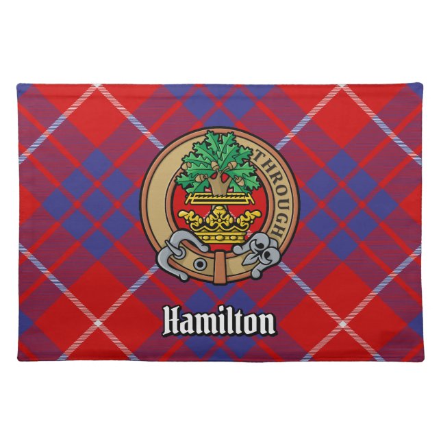 Clan Hamilton Crest over Red Tartan Cloth Placemat (Front)