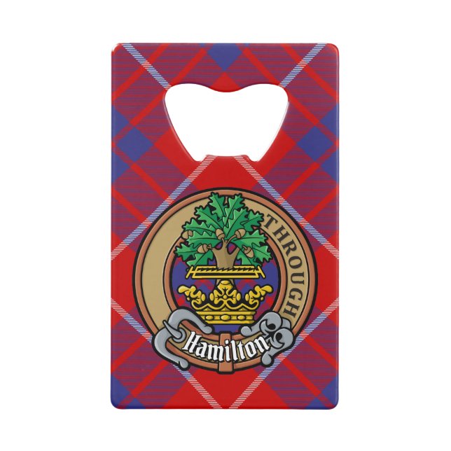 Clan Hamilton Crest over Red Tartan Credit Card Bottle Opener (Front)
