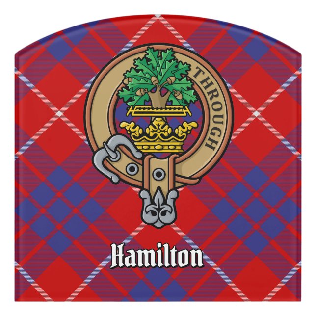 Clan Hamilton Crest over Red Tartan Door Sign (Contour Front)
