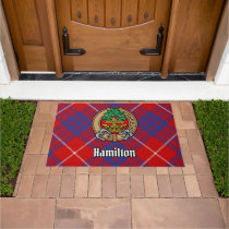 Clan Hamilton Crest over Red Tartan Doormat