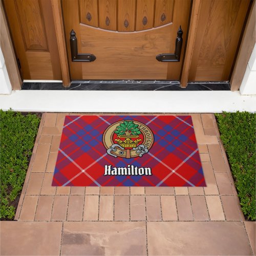 Clan Hamilton Crest over Red Tartan Doormat