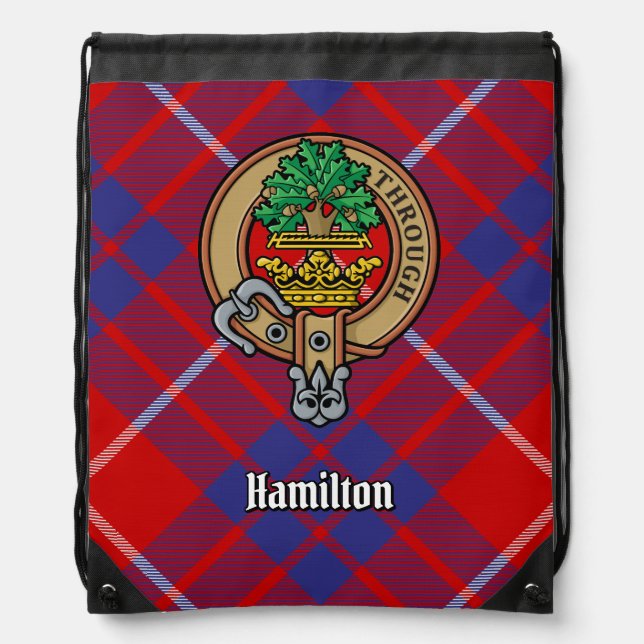 Clan Hamilton Crest over Red Tartan Drawstring Bag (Front)