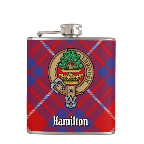 Clan Hamilton Crest over Red Tartan Flask