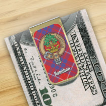 Clan Hamilton Crest over Red Tartan Gold Finish Money Clip