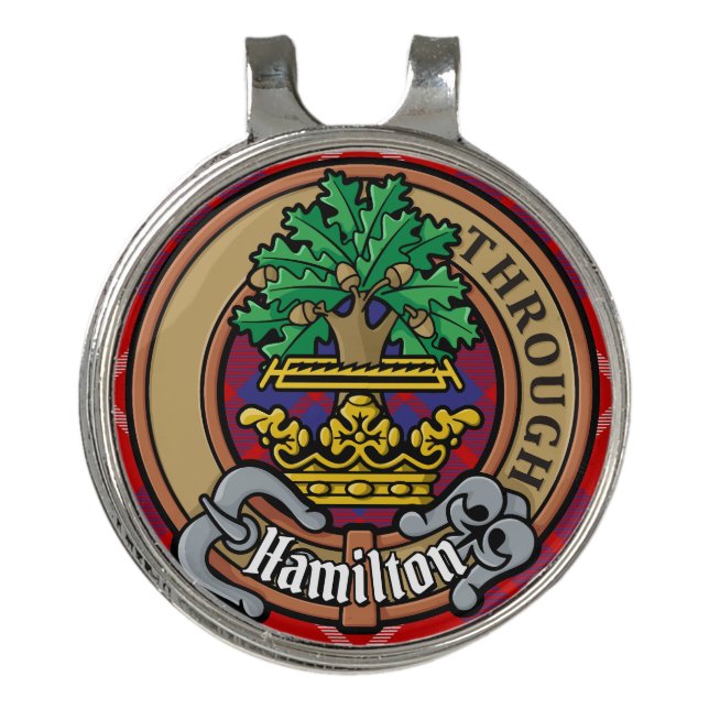 Clan Hamilton Crest over Red Tartan Golf Hat Clip (Front)
