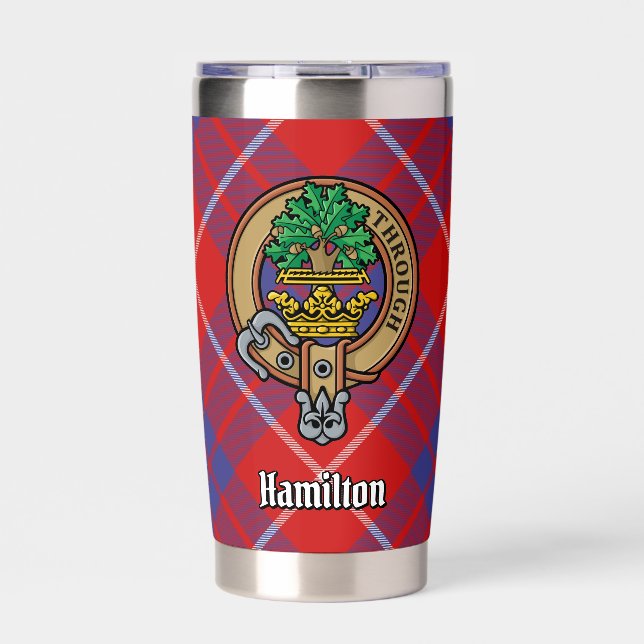 Clan Hamilton Crest over Red Tartan Insulated Tumbler (Front)