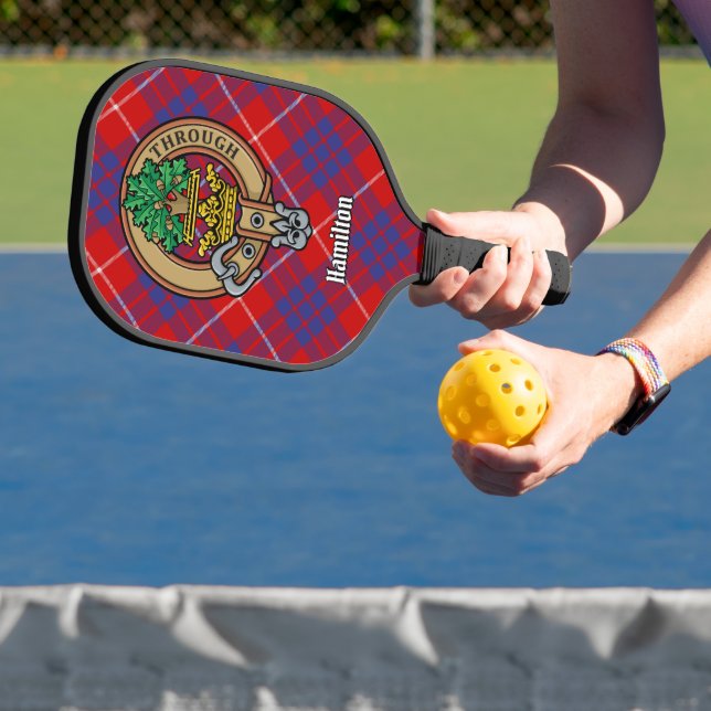 Clan Hamilton Crest over Red Tartan Keychain Pickleball Paddle (Insitu)