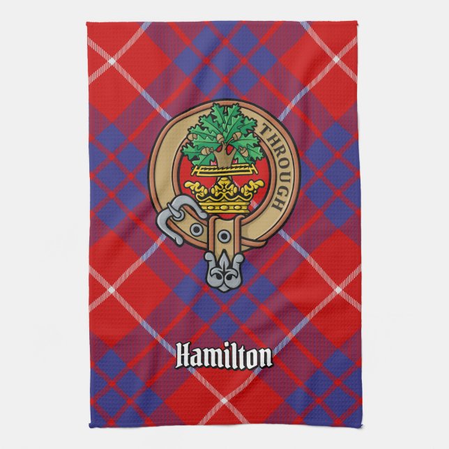Clan Hamilton Crest over Red Tartan Kitchen Towel (Vertical)
