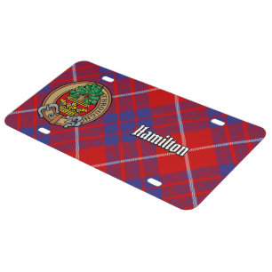 Clan Hamilton Crest over Red Tartan License Plate