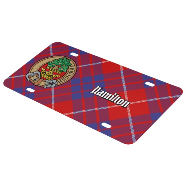 Clan Hamilton Crest over Red Tartan License Plate (Side)