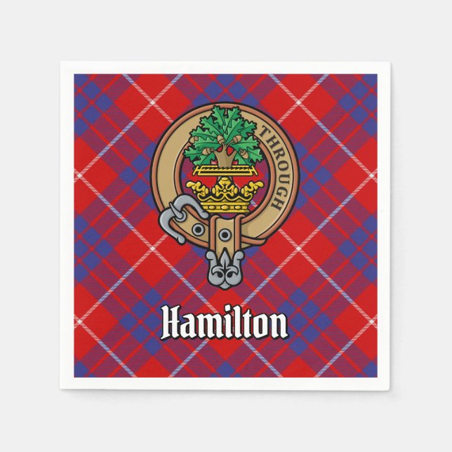 Clan Hamilton Crest over Red Tartan Napkins (Front)
