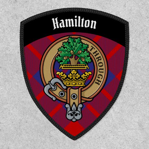 Clan Hamilton Crest over Red Tartan Patch