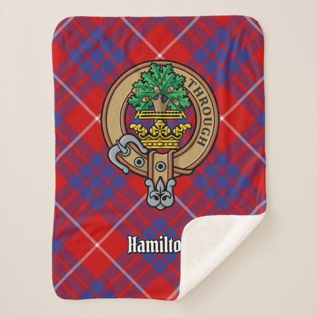 Clan Hamilton Crest over Red Tartan Sherpa Blanket (Front)